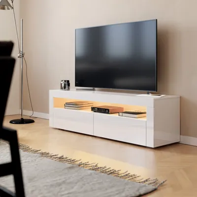 Produktbild von SUNXURY 155 x 40 x 45 cm Weiß Hochglanz Lowboard TV-Schränke mit 12-LED-Farben LED Beleuchtung, mit 2 Griffloses-Design Klapptür