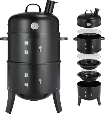 Obrázek produktu pro Smoker, gril na dřevěné uhlí – 3 v 1: gril a kouřárna – litinový – 3 rošty – teploměr – s komínem