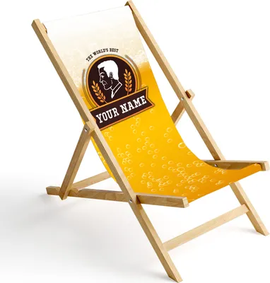 A personalized deck chair with a beer-themed design.