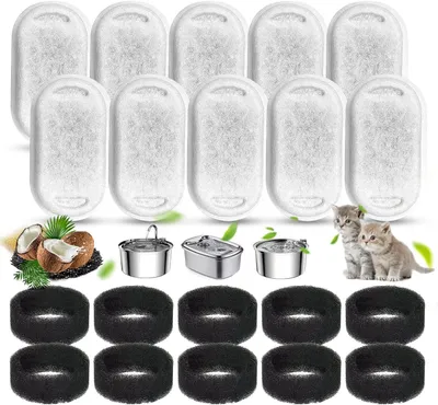 Produktbild von Ersatzfilter für Katzenbrunnen aus Edelstahl – 20 Stück (10 Aktivkohlefilter und 10 Schaumstofffilter)