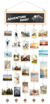 Produktbild von Fotovorhang mit Bilderrahmen - Fotoseil mit 30 Holzklammern und Holzplatten - Wanddekoration zum Aufhängen von Fotos und Postkarten - S