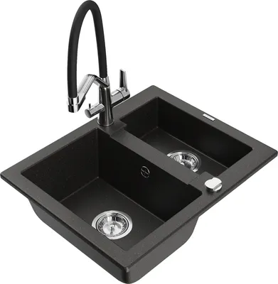 Produktbild von Mexen Carlos 1,5-Becken-Granitspüle mit Mischbatterie Duo, Schwarz/Gold metallisch - 6518-75-671701-07