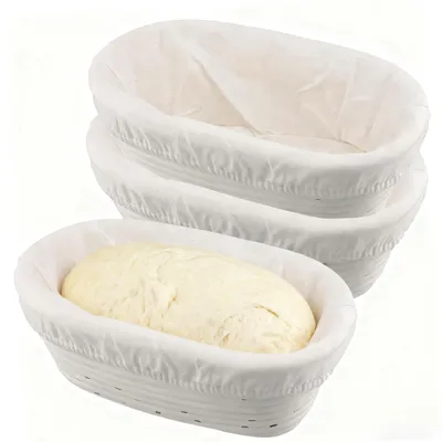 Obrázok produktu pre Ošatka na chlieb 25 cm, 3 ks, oválna, ratanová, s ľanovou utierkou, na kvások