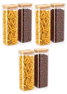 Productafbeelding van Arendo voorraadpotten met bamboe deksel, 6 stuks van 2250 ml, luchtdicht met siliconen afdichting, rechthoekige glazen containers van borosilicaatglas, geschikt voor temperaturen van -40 tot 400 °C, transparant