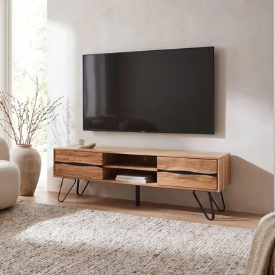 Produktbild von FineBuy Lowboard 160cm TV Kommode Akazie Massivholz Rechteckig mit 2 Türen TV Schrank Fernsehtisch Fernsehschrank Fernsehkommode Wohnzimmer Handmade