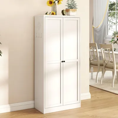 Produktbild von Weißer Metall Vorratsschrank für die Küche mit 4 höhenverstellbaren Einlegeböden, freistehender Lebensmittelschrank 155x70x35 cm, Weiß