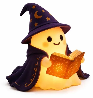 Produktbild von Halloween Nachtlicht Geist Tischleuchte mit Hexenhut und Buch Batteriebetrieben dekorative Lampe für Zuhause