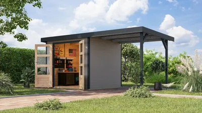Produktbild von Karibu Gartenhaus Hybridhaus Metall Jupiter 3 im Set mit Anbaudach ca. 2,35 m breit wassergrau 454,5x213,5x209 cm