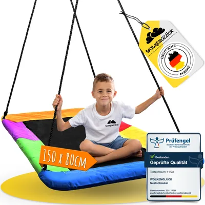 Produktbild von WOLKENGLÜCK® 3-in-1 Nestschaukel eckig  [150x80 cm] - Höhenverstellbare Schaukel Outdoor & Indoor für Kinder und Erwachsene [belastbar bis 200 kg] - Netzschaukel mit 3 Aufhänge-Varianten