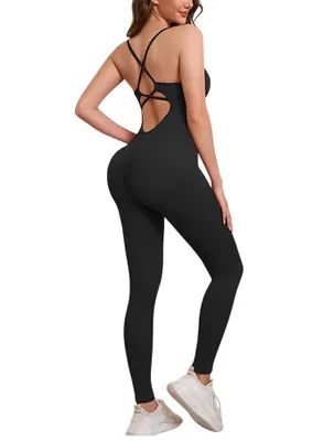 Produktbild von ASKSA Sport Jumpsuits fuer Damen Elastischer Figurformender Jumpsuit Damen Eng Nahtloser Bodysuit Bauchweg Overall Workout Body Einteiler Sportanzug,Schwarz,L