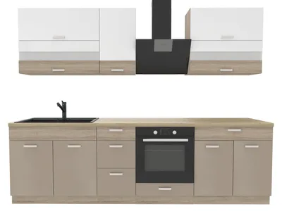 Produktbild von Küchenzeile 270 cm - Sonoma Beige Weiß - Ohne Arbeitsplatte - Metallbox Schubladen - Soft-Close - MDF - Fronten mit Verglasung - PREMIO