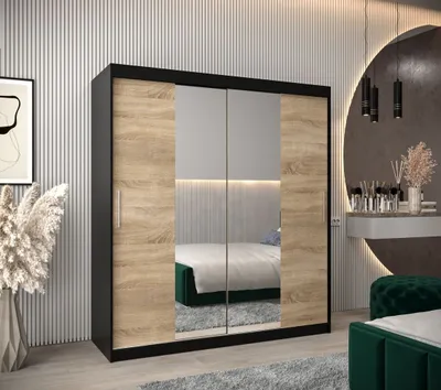 Produktbild von Schwebetürenschrank mit einer Breite von 180 cm TIMEA 1 – Schwarz / Eiche Sonoma