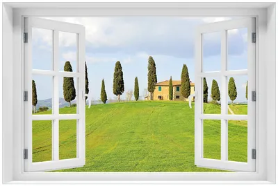 Produktbild von Wallario Premium Glasbild mit Fensterrahmen, freischwebende Optik, kräftige Farben, Größe 60 x 90 cm Motiv Villa auf einem Hügel in der Toskana