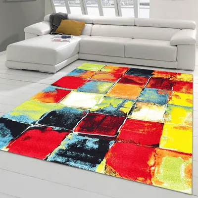 Image de Tapis moderne design à poils courts - carrés colorés bleu jaune Taille - 200 x 290 cm