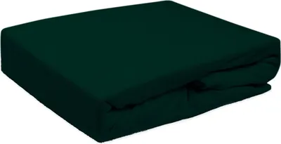 A folded dark green fitted sheet is shown on a white background.