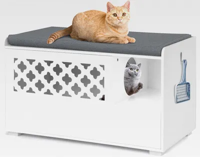 Produktbild von Katzenschrank, Katzenhaus für die Katzentoilette, modernes Katzenmöbel mit abnehmbarem Kissen & Eingang, Katzenhöhle für Katzen & Hunde, weiß