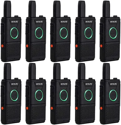 A collection of ten black walkie-talkies arranged in two rows on a white background.