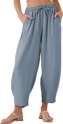 Produktbild von ASKSA Damen 7/8 Laenge Hose Freizeithose Hohe Taille Sommerhose Lose Knoechellange Hosen Casual Strandhose mit Taschen (Blau Grau,3XL)