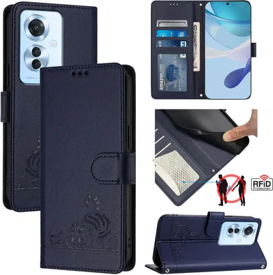 Produktbild von Leder Hülle für Oppo Reno11F Süße Katze Flip Case Brieftasche Schutzhülle mit Standfunktion Blau