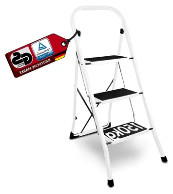 Produktbild von Trittleiter, faltbare Leiter mit 3 Stufen, klappbarer Tritthocker aus Stahl bis 150 kg belastbar, , Weiß