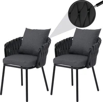 Image de Lot de 2 chaises de jardin en aluminium HWC-P89, fauteuils de jardin, chaise d'extérieur, tissu/textile (180 g/m²) tressage en corde ~ anthracite