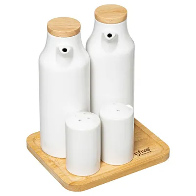 Produktbild von 5Five Simply Smart Öl- und Essig-Set 5-tlg., Ölkaraffen mit Gewürzstreuern und Unterlage, Porzellan, Bambus, 179613
