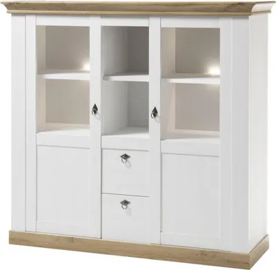 A white and wood-toned display cabinet with glass doors and drawers.