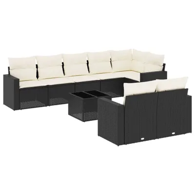 Produktbild von Modulares Garten-Loungeset, 9-teilige Sofagarnitur, Poly Rattan Schwarz, Hartglas-Tisch, UV-beständig, Cremeweiße Kissen mit abnehmbaren Bezügen