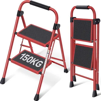 Immagine prodotto di Scala pieghevole Unyqoos® a 2 gradini – robusta scala a pioli in acciaio con gradini larghi e antiscivolo, corrimano di sicurezza e maniglia, pieghevole, leggera, di colore rosso