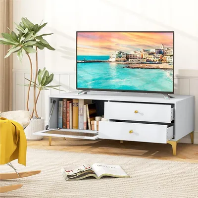 Produktbild von TV-Möbel – TV-Schrank – TV-Stand – TV-Kommode – Wohnzimmer-Möbel – Für 55-Zoll-Fernseher – Klapptür aus gehärtetem Glas
