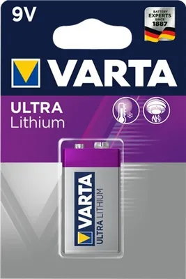 A Varta 9V Ultra Lithium battery in its retail packaging.