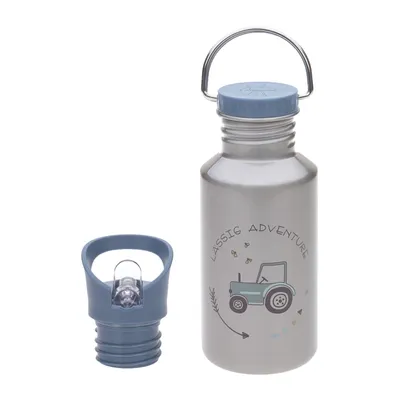 A stainless steel water bottle and its blue lid are displayed against a white background.