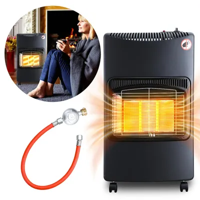 Produktbild von Vigevee Gasofen Keramik 4200 Watt mit 3 Stufen, Sauerstoffmangelsicherung, Gasschlauch & Regler, 5 Rollen, inkl. 2 EU-Adaptern