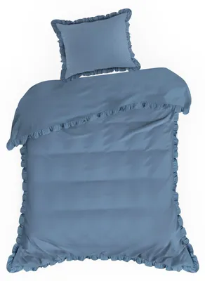 Image de Ensemble de literie Eurofirany, comprenant un drap-housse, une housse de couette et des taies d'oreiller, en coton, de dimensions 140x200 cm, de couleur bleu marine et orné de volants