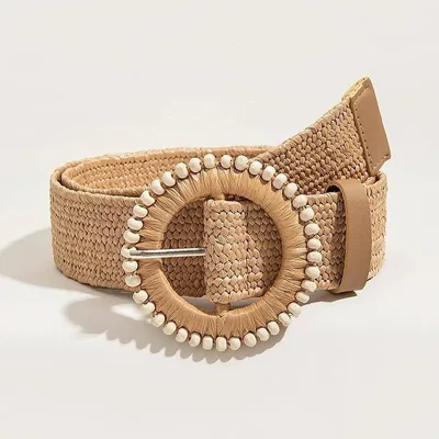 Obrázek produktu pro Pletený dámský pásek - boho pásek z přírodních materiálů - kulová spona s perličkami - tkaný pásek na pas, rozměry 117 cm x 4,3 cm - ideální na pláž a dovolenou - barva: Dot A