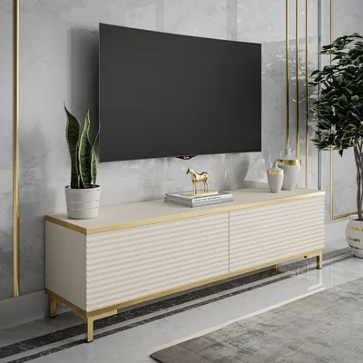 Produktbild von RTV Schrank OXFORD II 135 cm, Beige / beige matt + gold, Beine: Gold