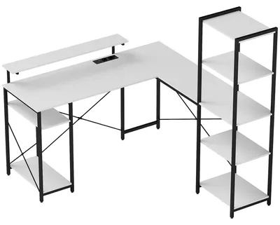 Produktbild von Eckschreibtisch mit Steckdose und USB-Anschluss, Ablage und Monitorst?nder, Schwarz-Wei?