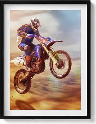 Produktbild von Motorradfahrer in der Wüste– Wandbild mit Rahmen – Gerahmtes Bild  – Wanddekoration – 60x80 cm –  Schwarz Rahmen