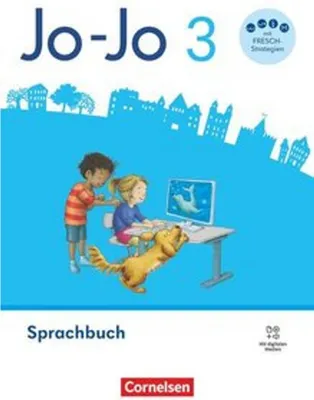 Illustration of children and a dog interacting with a computer, set against a stylized cityscape.