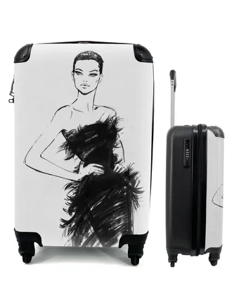 Produktbild von MuchoWow® Koffer Handgepäck Trolley Rollkoffer Kleine Reisekoffer mit 4 Rollen - Eine schwarz-weiße Illustration einer Frau - Cabin Size < 55x40x23 cm & 55x40x20 cm - Fotokoffer - Kabinenkoffer - Boardgepäck - Reise-Box - Reisekoffer - Reisegepäck - Koffer mit Bild - Trolley für Kinder