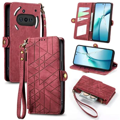 Immagine prodotto di Per Nulla Phone 3a Design geometrico Similcuoio Zipper Book Wallet Case con Loop Rosso