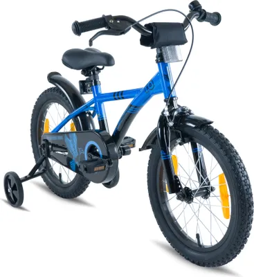 Produktbild von PROMETHEUS Kinderfahrrad 16 Zoll Jungen und Mädchen in Blau & Schwarz mit Stützräder | Aluminium Seitenzugbremse und Rücktrittbremse | inkl. Sicherheitspaket | ab 5 Jahre | 16“ BMX Edition 2018