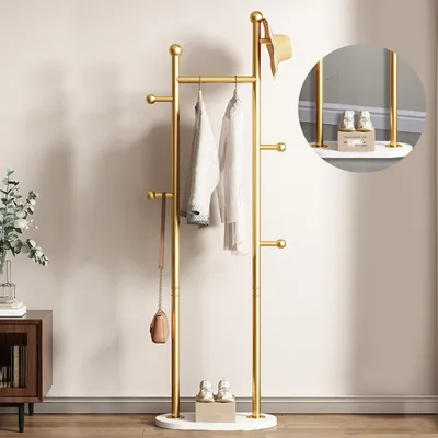Produktbild von Garderobenständer, Freistehender Kleiderständer, Kleiderstange aus Metall mit 5 Haken, 168 cm hoch, Mit verdicktem weißen Boden, Wohnzimmer