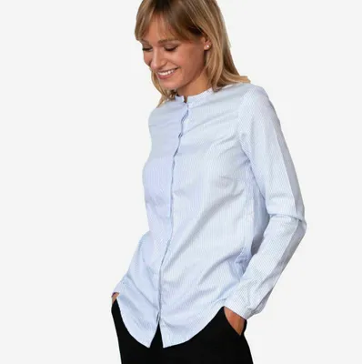 Produktbild von Bluse ESTELLE Slim Fit Twill blau-weiß gestreift mit elegantem Stehkragen und umschlagbaren Ärmeln