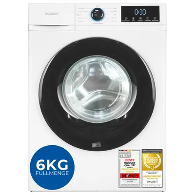 A white front-loading washing machine with a black door and control panel.