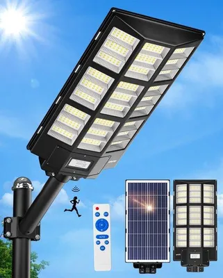 Productafbeelding van Zonne-energie Straatlantaarn, Dimbaar 3000K/4000K/6500K Buitenlamp met Bewegingssensor, Spotlamp Voor Buiten met Afstandsbediening, IP67 Waterdichte Schijnwerper Geschikt Voor Tuinen