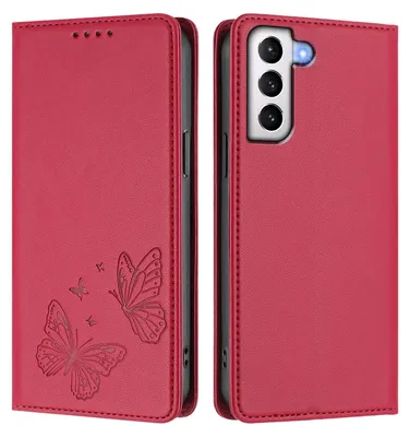 Obrázek produktu pro Kožené pouzdro pro Samsung Galaxy S21 5G, motýlí ražbou, peněženkové flip pouzdro se stojánkem Červená