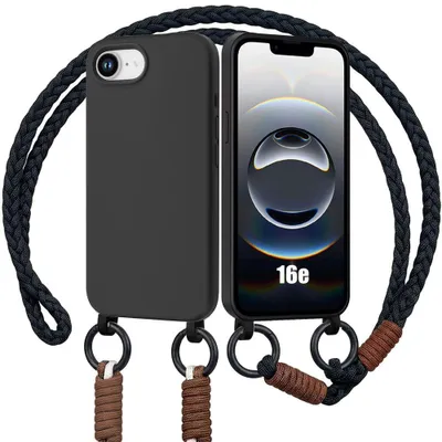 Image de Coque pour iPhone 16e, Protection Silicone Souple Antichoc avec Bandoulière Noire