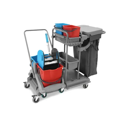 Produktbild von Hypafol Putzwagen Reinigungswagen | 2x5 l + 2x18 l Eimer | Doppelfahrwagen mit Moppresse, Utensilbehälter & Abfall-Eimer | für Gebäudereinigung, Hotelservice, Gastronomie, Großküche, Büros oder Arzt