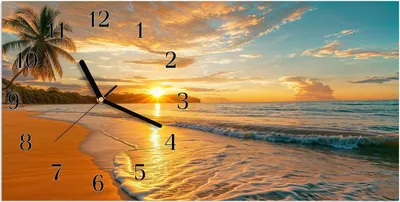 Produktbild von Wanduhr aus Glas mit Motiv Sonnenuntergang Strand- 60 x 30 cm - inkl. Aufhängesystem